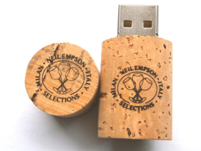 Close Up of Cork Shaped USB Keyring With Logo
