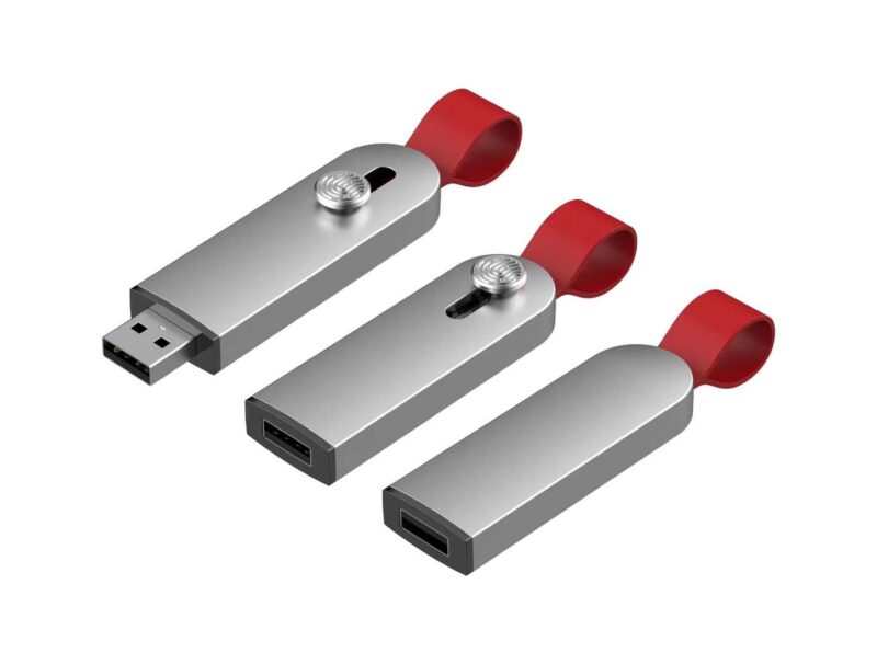 silver usb with red leather strap
